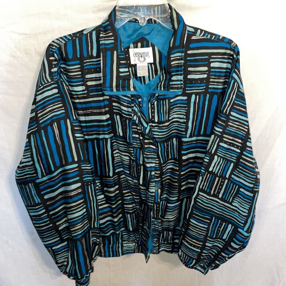 Cervelle Women’s Light Shacket Size Large Blue Black Silk Going Out Party
